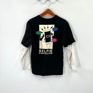 ZARA Boy's Black & White Long Sleeve Skater Selfie Graphic T-Shirt Size 11-12